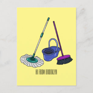 Broom & mop cartoon illustration postcard