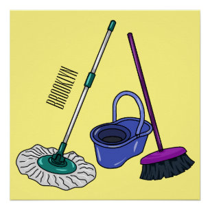 Broom & mop cartoon illustration poster