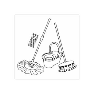Broom & mop cartoon illustration rubber stamp
