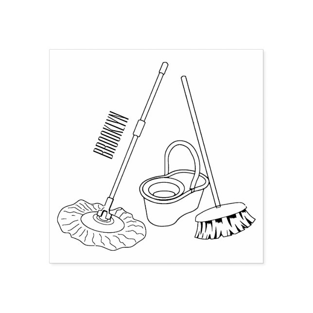 Broom & mop cartoon illustration rubber stamp (Imprint)