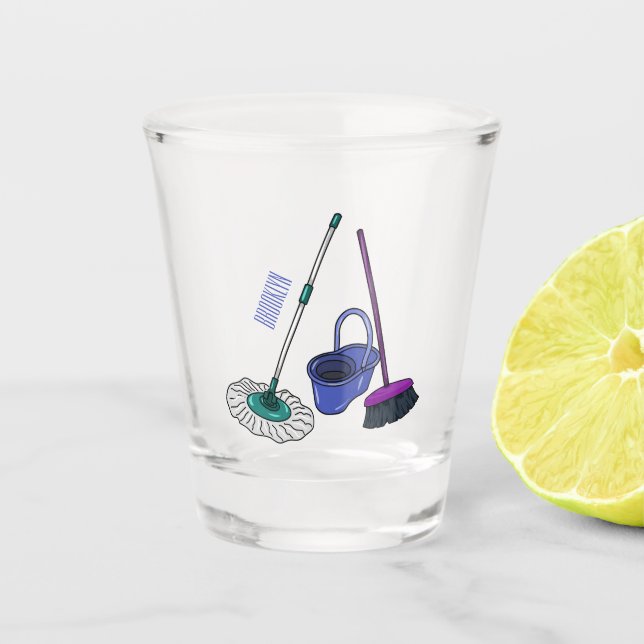Broom & mop cartoon illustration shot glass (Front)