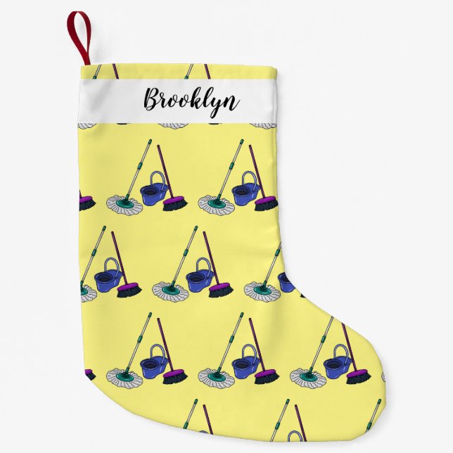 Broom & mop cartoon illustration small christmas stocking (Front)