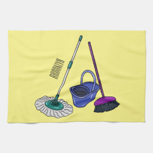 Broom & mop cartoon illustration tea towel