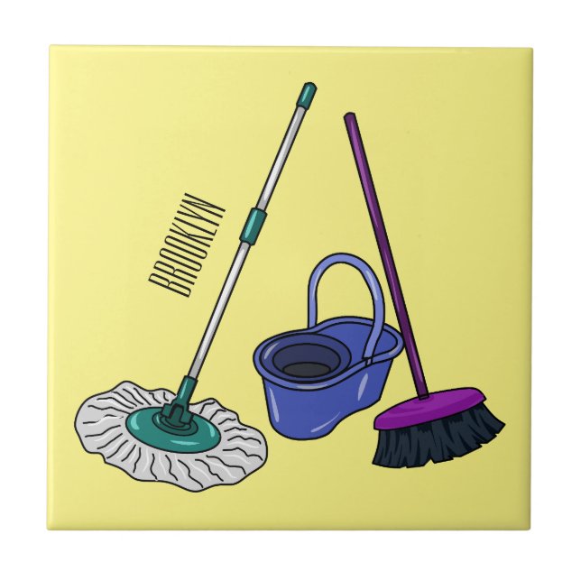 Broom & mop cartoon illustration tile (Front)