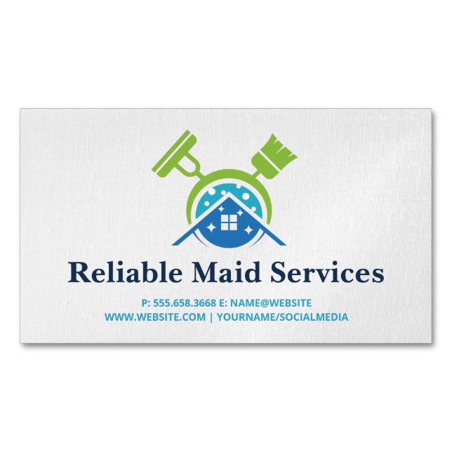 Broom Mop Cleaning Supplies | Maid Services Magnetic Business Card (Front)