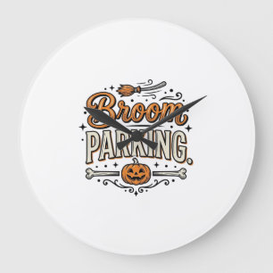 Broom Parking Halloween Vintage Witch Vector Desig Large Clock