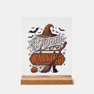 Broom Parking Halloween Witch Hat Broomstick Black Acrylic Sign
