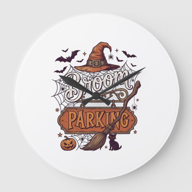Broom Parking Halloween Witch Hat Broomstick Black Large Clock (Front)