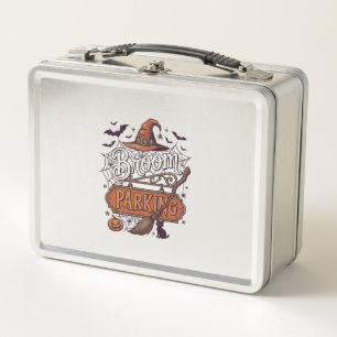Broom Parking Halloween Witch Hat Broomstick Black Metal Lunch Box