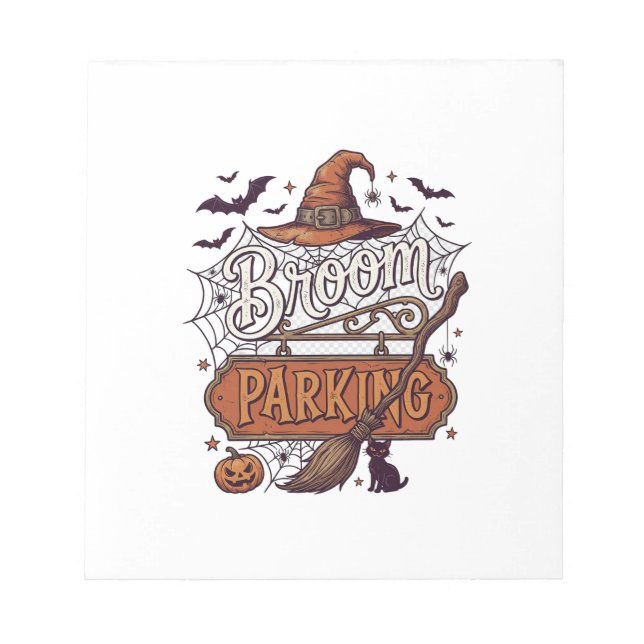 Broom Parking Halloween Witch Hat Broomstick Black Notepad (Front)
