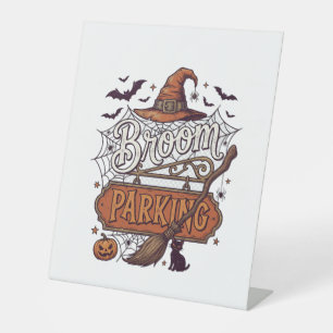 Broom Parking Halloween Witch Hat Broomstick Black Pedestal Sign