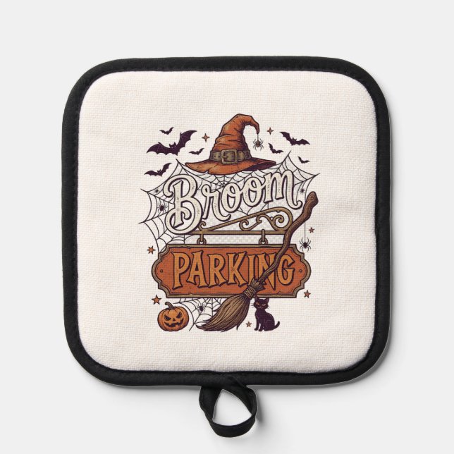 Broom Parking Halloween Witch Hat Broomstick Black Pot Holder (Front)