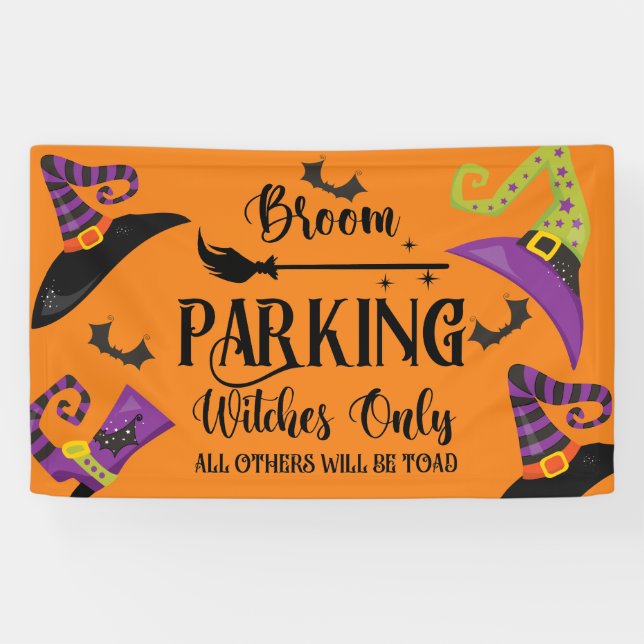 Broom Parking Witch Hat Bat Halloween Funny Party Banner (Horizontal)