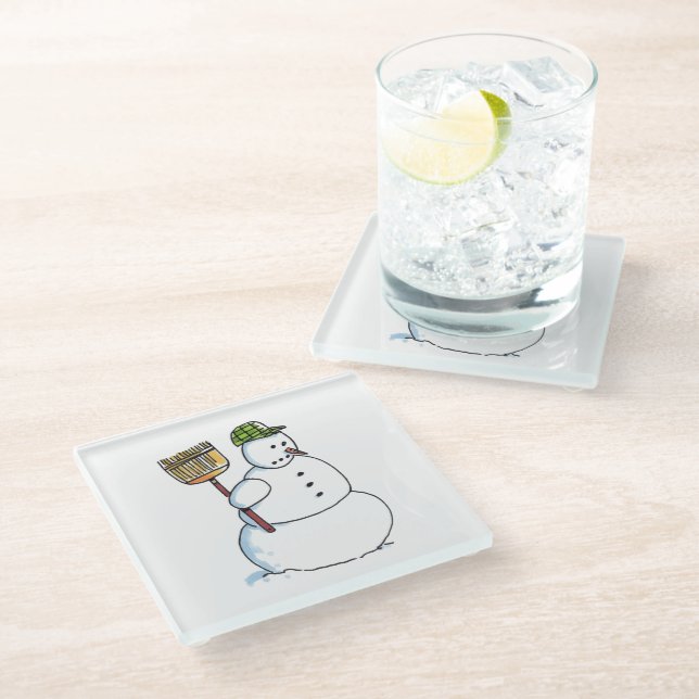 Broom Snowman clear glass coaster (Angled)