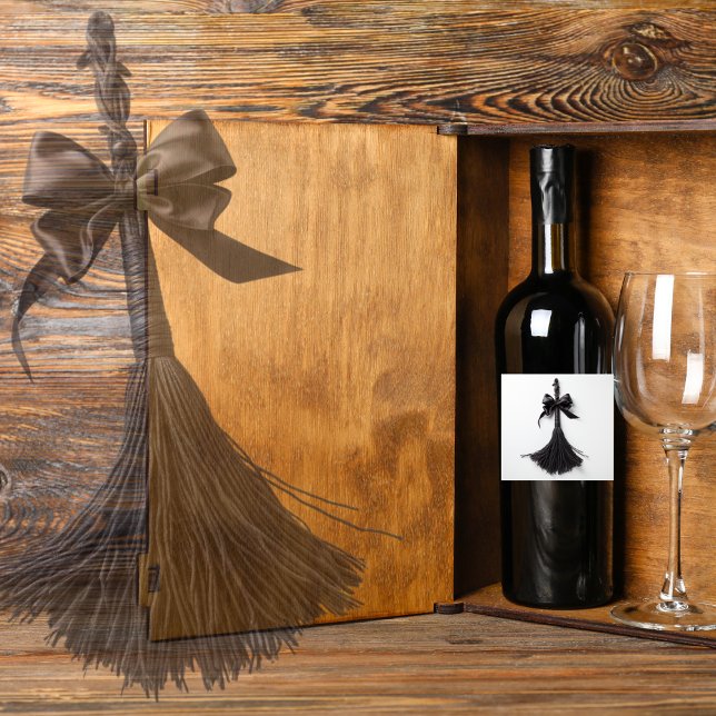 Broom with Bow Wine Label (Besom with a bow in black and white wine label for Halloween parties.  Happy Halloween!)