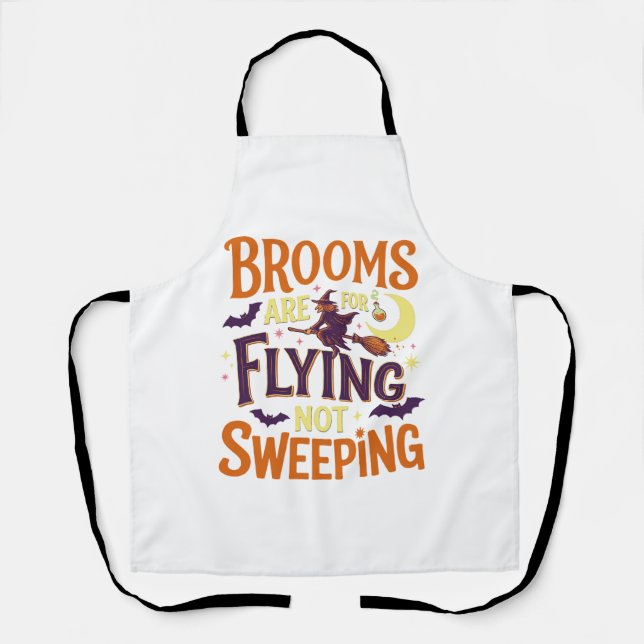 Brooms Flying Sweeping Halloween Witch Moon Bats Apron (Front)