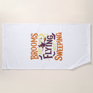 Brooms Flying Sweeping Halloween Witch Moon Bats Beach Towel