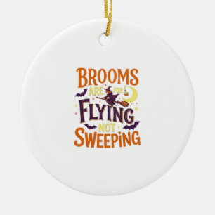 Brooms Flying Sweeping Halloween Witch Moon Bats Ceramic Tree Decoration