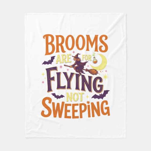 Brooms Flying Sweeping Halloween Witch Moon Bats Fleece Blanket (Front)