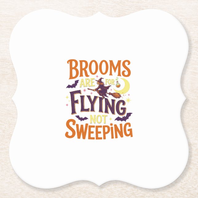 Brooms Flying Sweeping Halloween Witch Moon Bats Paper Coaster (Front)