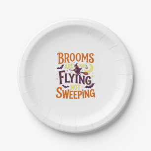 Brooms Flying Sweeping Halloween Witch Moon Bats Paper Plate