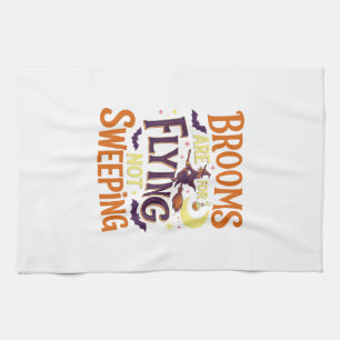 Brooms Flying Sweeping Halloween Witch Moon Bats Tea Towel