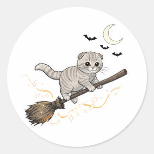 Broomstick Fold – Cute Scottish Fold Cat Halloween Classic Round Sticker