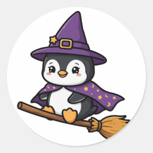 Broomstick Penguin Halloween Classic Round Sticker