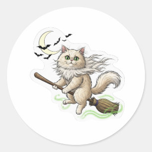 Broomstick Persian – Fluffy Halloween Cat Classic Round Sticker