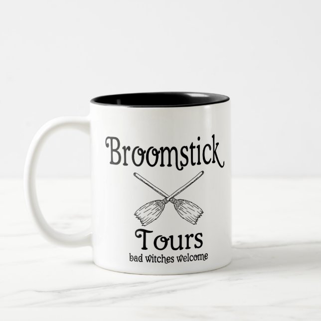 broomstick tours Two-Tone coffee mug (Left)