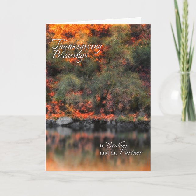 Brother and his Partner Thanksgiving Autumn Lake Holiday Card (Front)