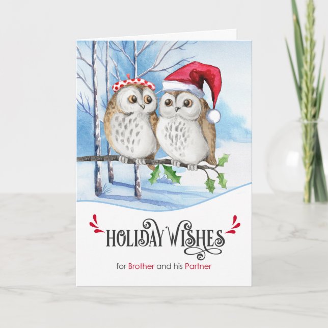 Brother and Partner Christmas Woodland Owls Holiday Card (Front)