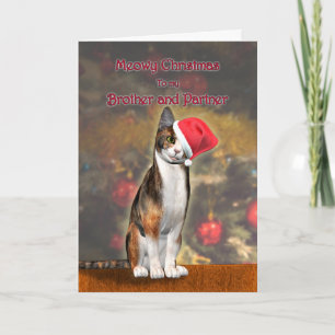 Brother and partner,  funny cat in a Christmas hat Holiday Card
