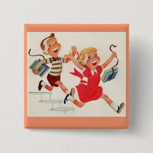brother and sister on their way to school 15 cm square badge