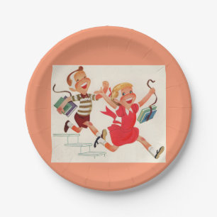 brother and sister on their way to school paper plate