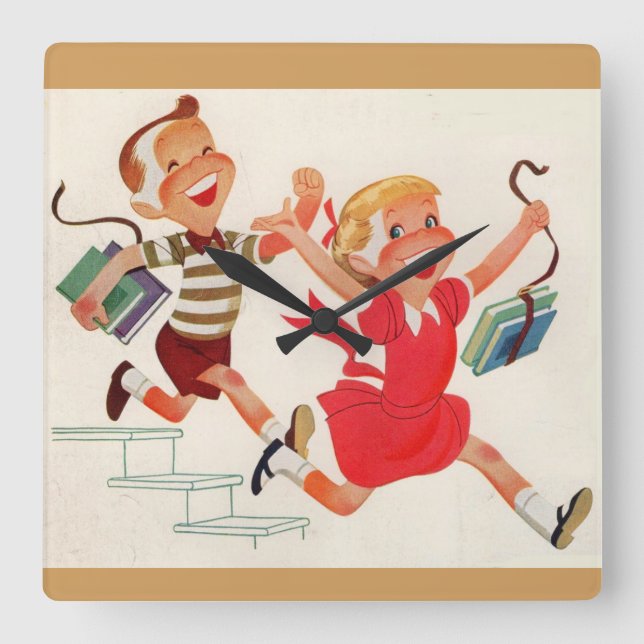 brother and sister on their way to school square wall clock (Front)