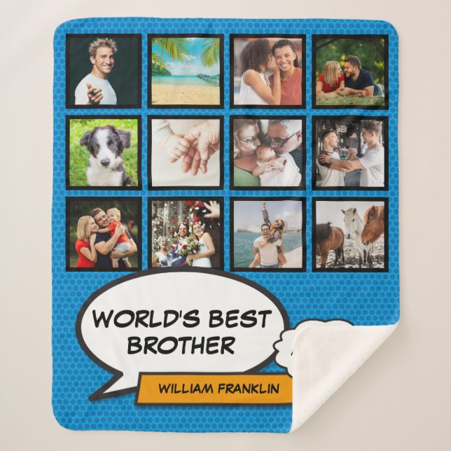 Brother Fun Cool Comic Blue Modern Photo Collage Sherpa Blanket (Front)