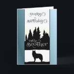 Brother Happy Birthday - Wolf Silhouette / Nature Card<br><div class="desc">Send your Brother your love and best Birthday wishes with this awesome design of a black and white Wolf silhouette and tree line with blue toned borders. An inner card verse is included for your use or you can customise it further with adding your own special sentiments ... ©SmudgeArt -...</div>