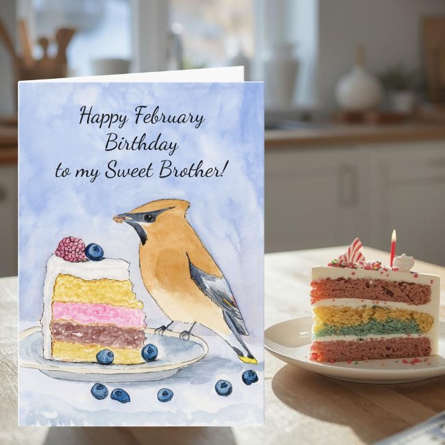 Brother Happy February Birthday Cedar Waxwing Cake Card (Creator Uploaded)