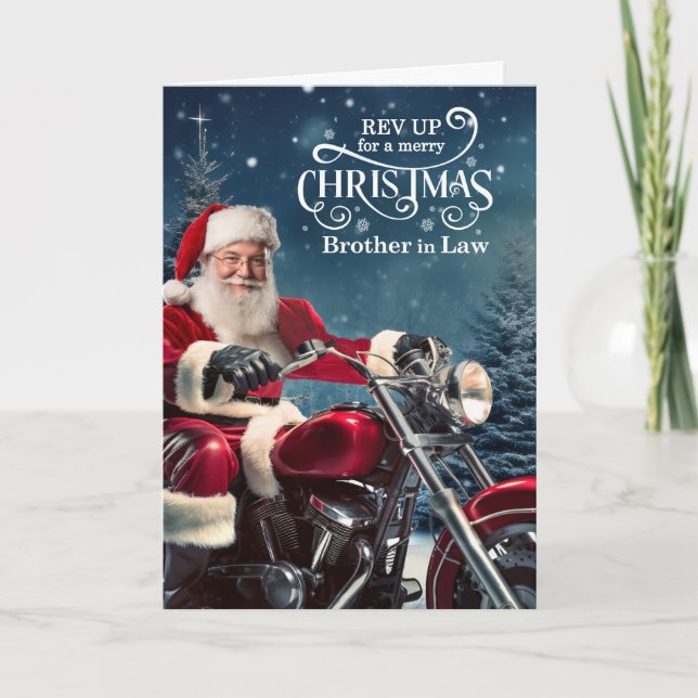 Brother in Law Biker Santa Christmas Winter Pines Holiday Card (Front)