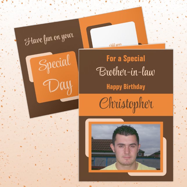 Brother in law name photo brown orange birthday card (Creator Uploaded)