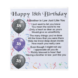 Brother in Law Poem 18th Birthday Notepad