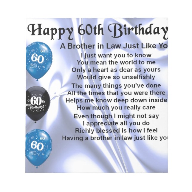 Brother in Law Poem 60th Birthday Notepad (Front)