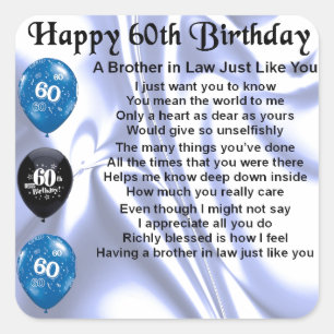 Brother in Law Poem 60th Birthday Square Sticker