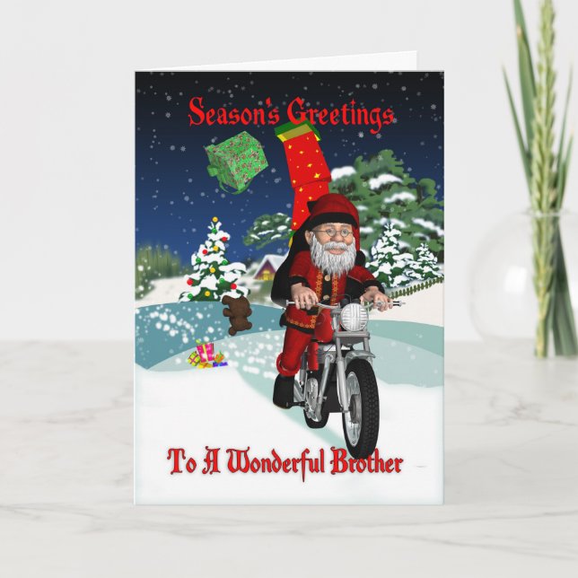 Brother Motorcycle Santa With Flying Gifts Holiday Card (Front)