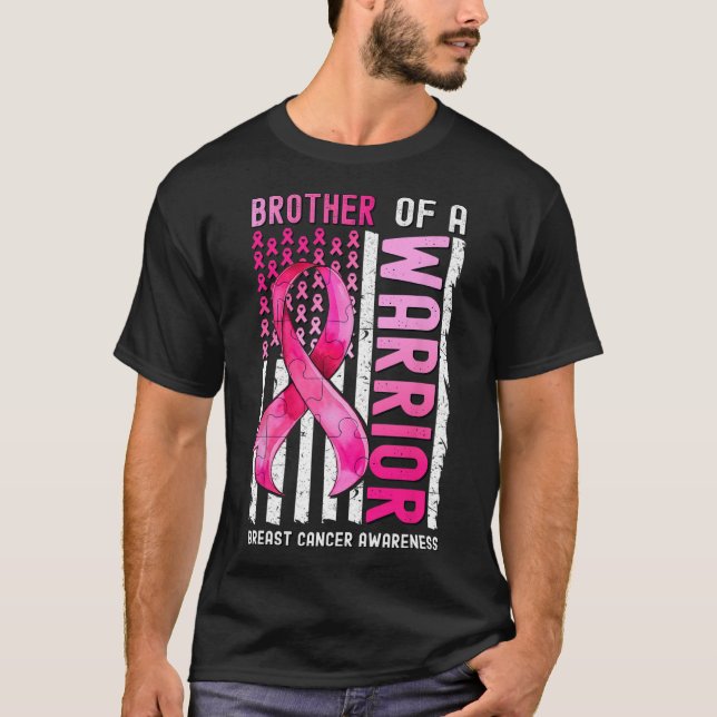 Brother Of A Warrior Breast Cancer Usa Flag Awaren T-Shirt (Front)