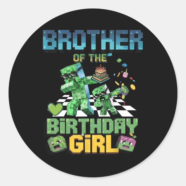 Brother Of The Birthday Girl Funny Video Game Pixe Classic Round Sticker (Front)