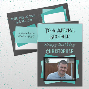 Brother photo name grey turquoise birthday card