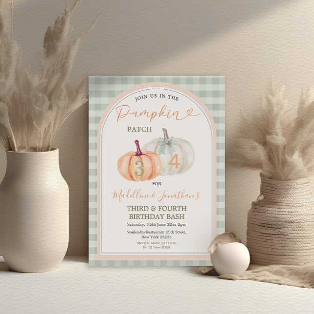 Brother & Sister Pumpkin Patch Gingham Birthday Invitation (Creator Uploaded)