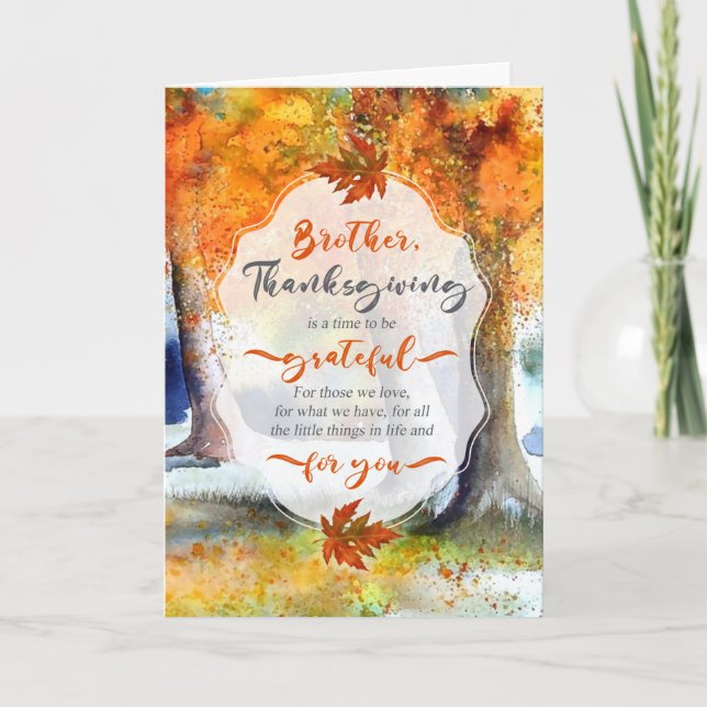Brother Thanksgiving Autumn Watercolor Grateful Holiday Card (Front)